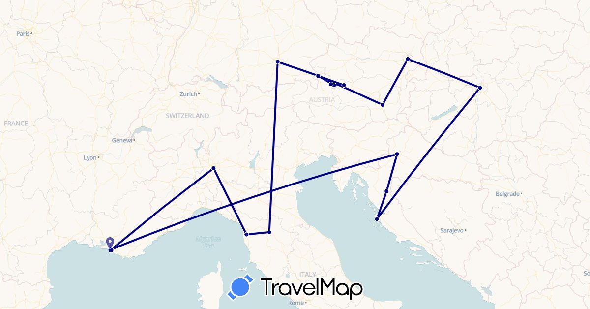 TravelMap itinerary: driving in Austria, Germany, France, Croatia, Hungary, Italy (Europe)